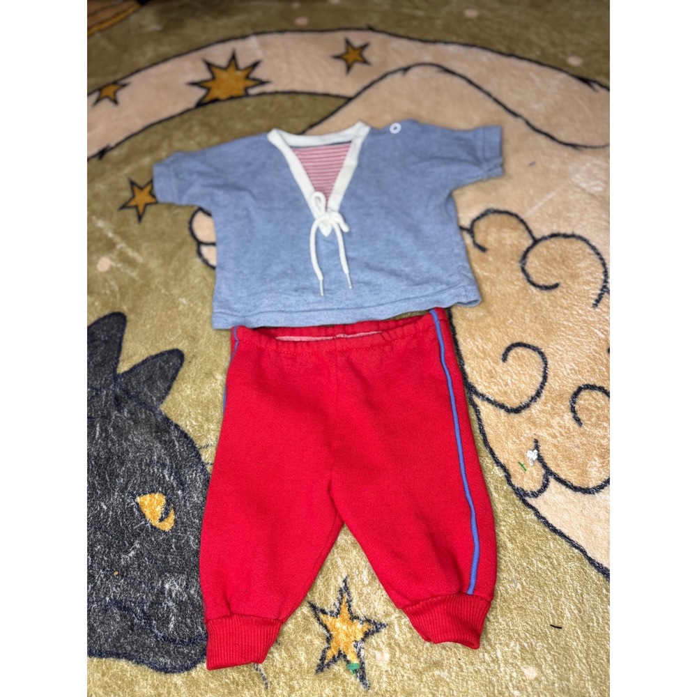 Vintage Style Infant Blue Lace Up Top‎ and Red Jogger Pants Set 0-6 Months